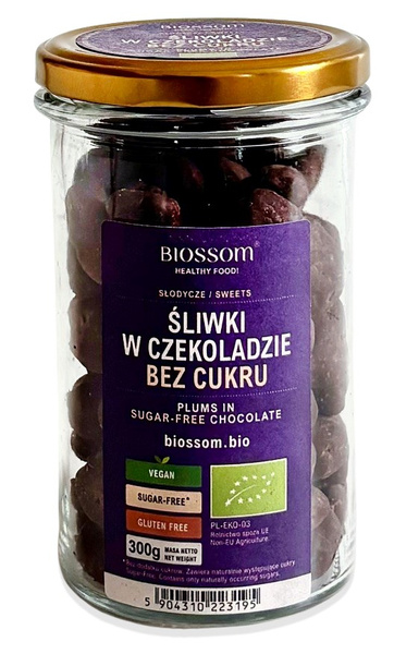 Śliwki kalifornijskie w czekoladzie bezglutenowe 300 g - Biossom (BIO)