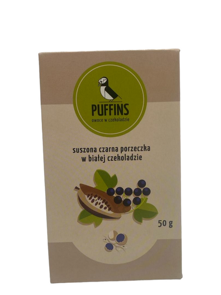 Czarna porzeczka w białej czekoladzie 50 g - Puffins