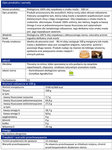 Olej Rzepakowy Maślany Zimnotłoczony 500ml EKO - BIO  - Olandia