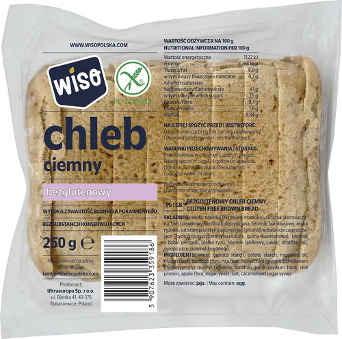 Chleb ciemny krojony bezglutenowy 250 g - Wiso