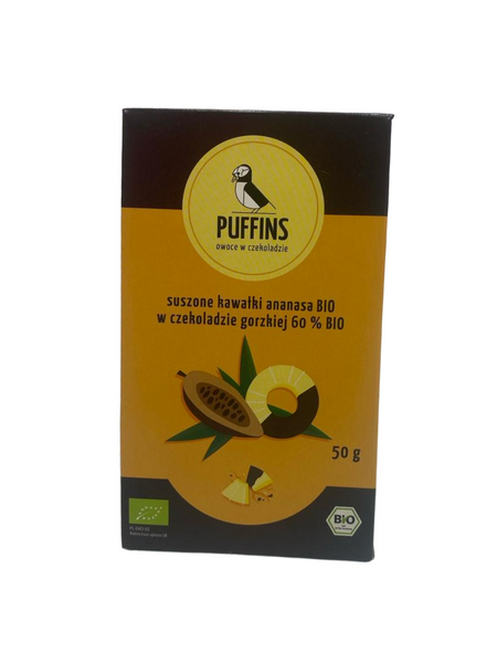 Ananas w czekoladzie gorzkiej 50 g - Puffins (BIO)