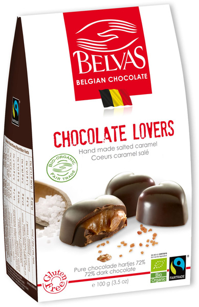 Czekoladki belgijskie serca z karmelem i solą morską fair trade bezglutenowe 100 g - Belvas (EKO)