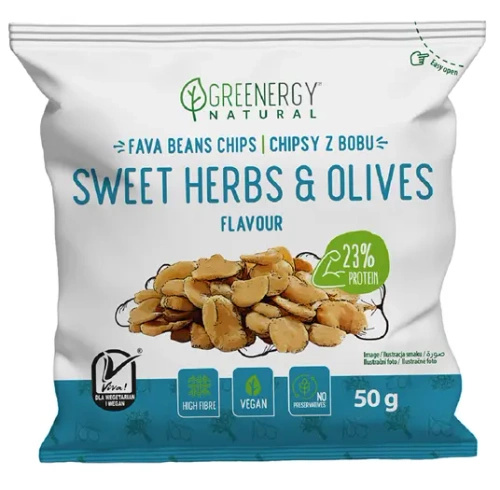 Chipsy proteinowe z bobu słodkie zioła oliwki 50 g - Greenergy