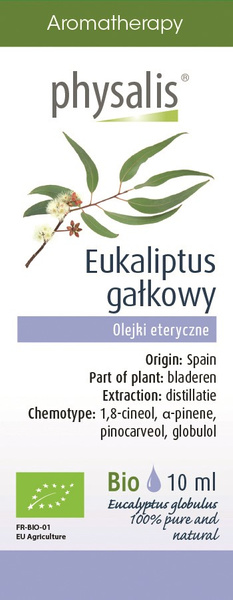 OLEJEK ETERYCZNY EUKALIPTUS GAŁKOWY (EUCALYPTUS GLOBULUS) BIO 10 ml - PHYSALIS