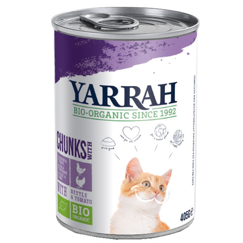 Kawałki kurczaka i indyka dla kota dorosłego z pomidorem i pokrzywą 405 g - Yarrah (EKO)