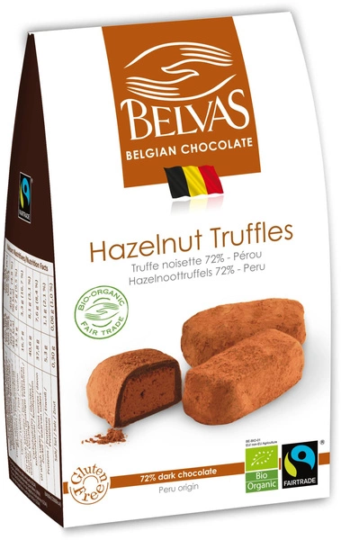 Belgijskie Czekoladki Trufle Z Orzechami Laskowymi Fair Trade Bezglutenowe Bio 100 G  -  BELVAS