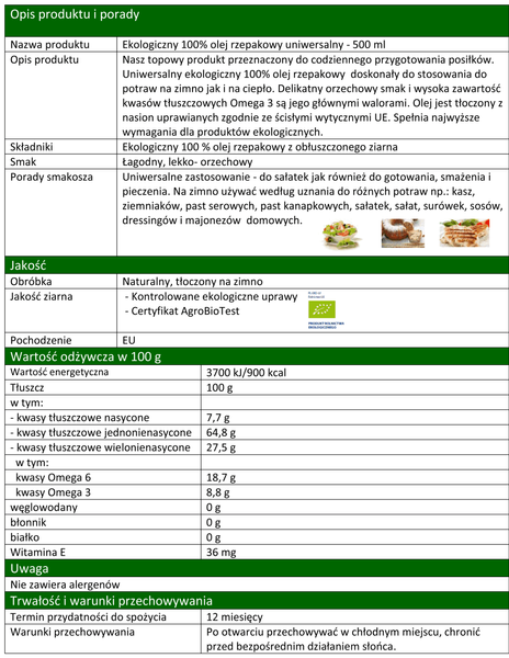 Olej Rzepakowy Uniwersalny 500ml EKO - BIO  - Olandia