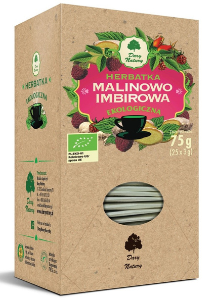 Herbata malinowo imbirowa 25 szt. 75 g - Dary Natury (EKO)