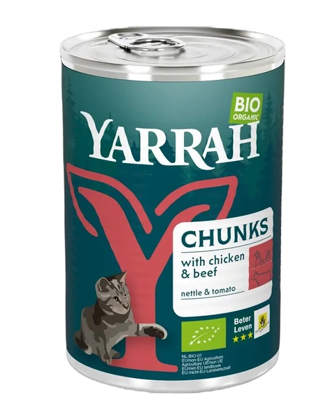 Kawałki kurczaka i wołowiny dla kota dorosłego z pomidorem i pokrzywą 405 g - Yarrah (EKO)