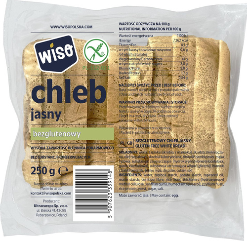 Chleb jasny krojony bezglutenowy 250 g - Wiso