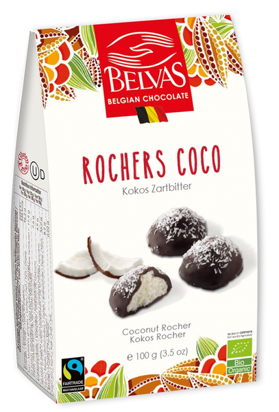 Belgijskie Czekoladki Z Nadzieniem Kokosowym Fair Trade Bezglutenowe Bio 100 G  -  BELVAS